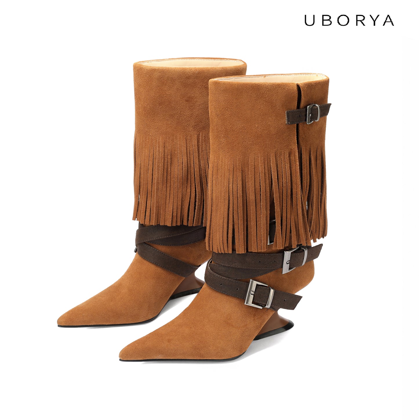 UBORYA Tan Suede Fringe Mid-Calf Boots with Buckle Straps – Sculptural Wedge Heel Boots for Women | Pointed Toe | Western Boho Booties