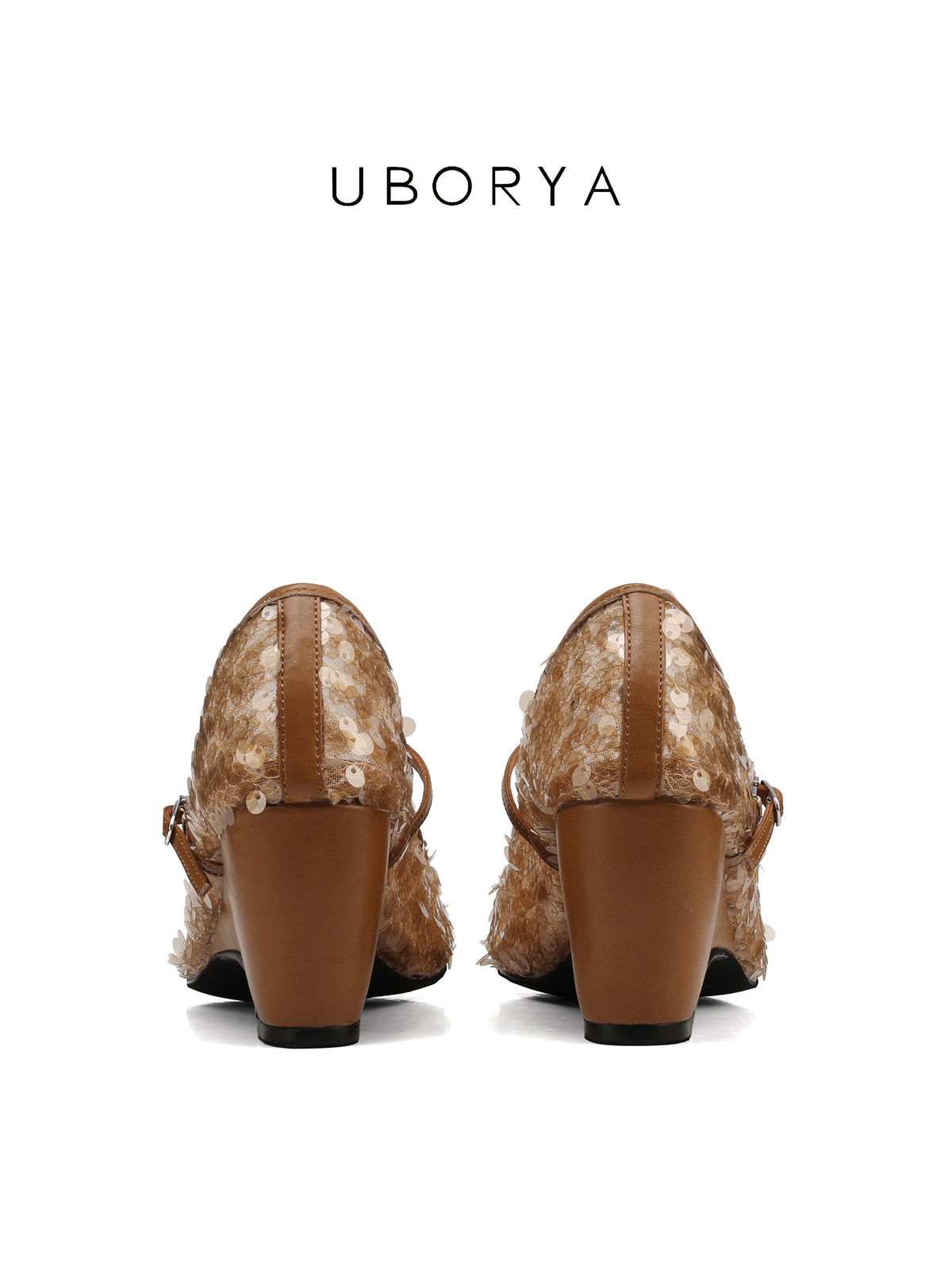 UBORYA Brown Sequin Lace Mary Jane Shoes
