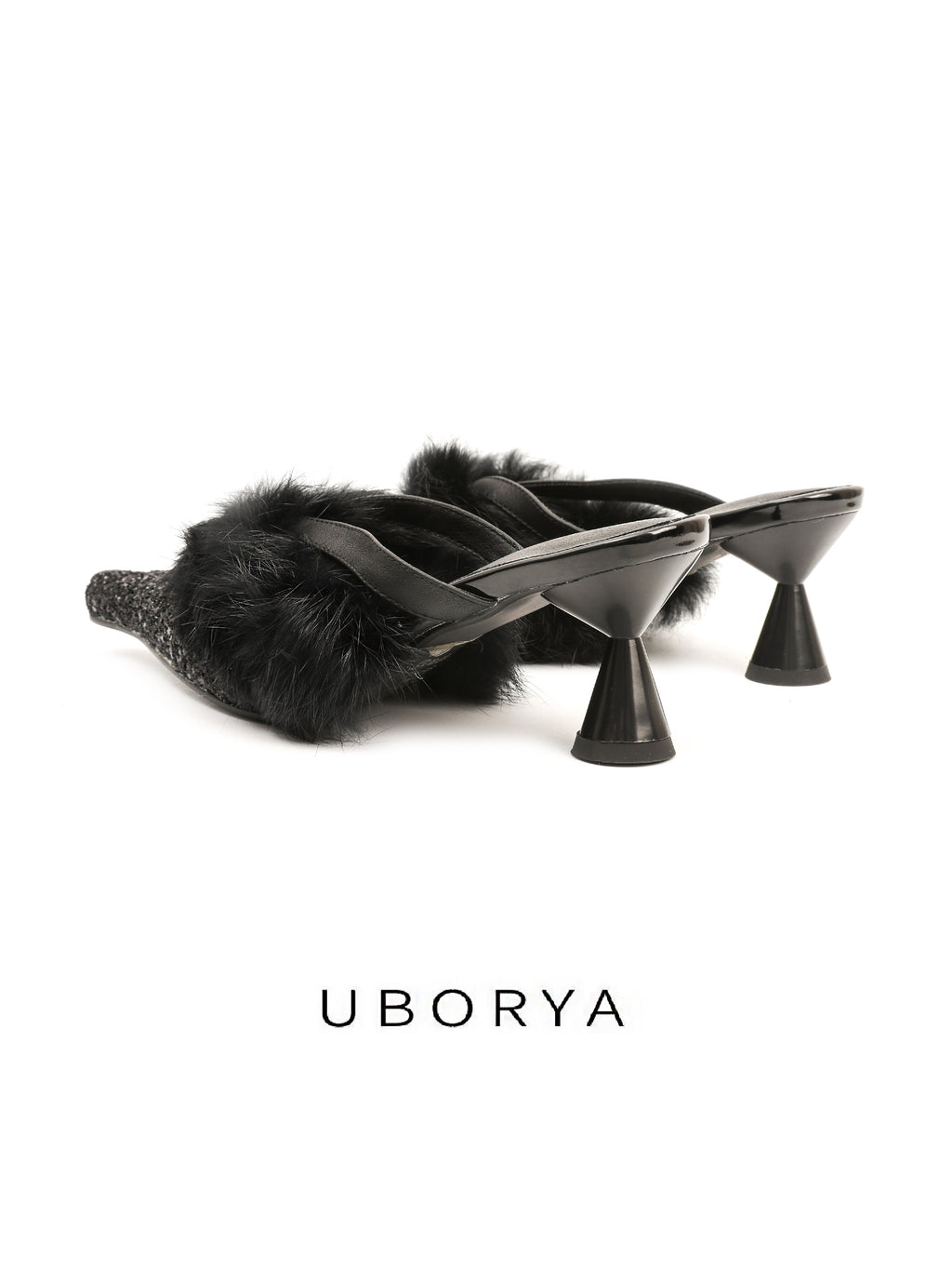 UBORYA Black Glitter Fur Trim Leather Mules Pointed Toe Sculptural Heel Shoes