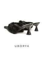 UBORYA Black Glitter Fur Trim Leather Mules Pointed Toe Sculptural Heel Shoes