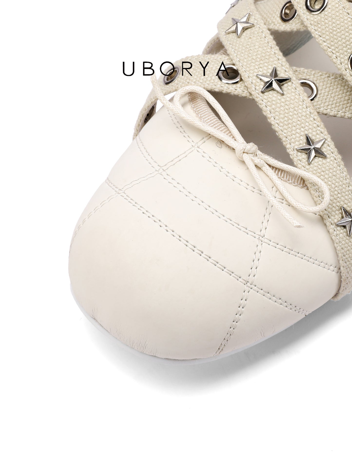 UBORYA Off-White Crisscross Strap Ballet Flats - Star Stud Eyelet Detail Round Toe Flat Shoes