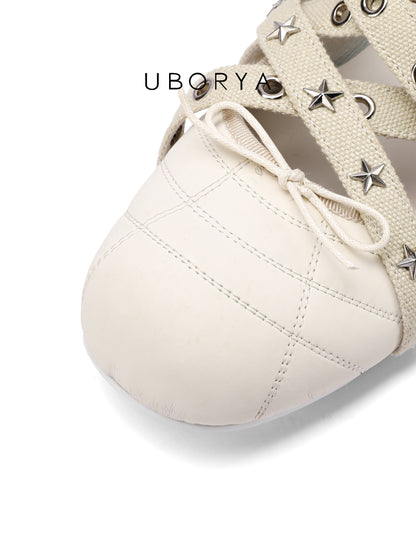 UBORYA Off-White Crisscross Strap Ballet Flats - Star Stud Eyelet Detail Round Toe Flat Shoes