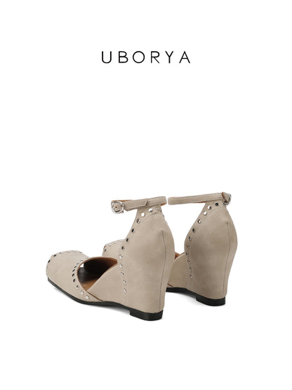 UBORYA Beige Studded Peep-Toe Wedge Sandals with Ankle Strap – Square Toe Heels for Women | Modern Edge Footwear | Cream Utility Chic Wedges