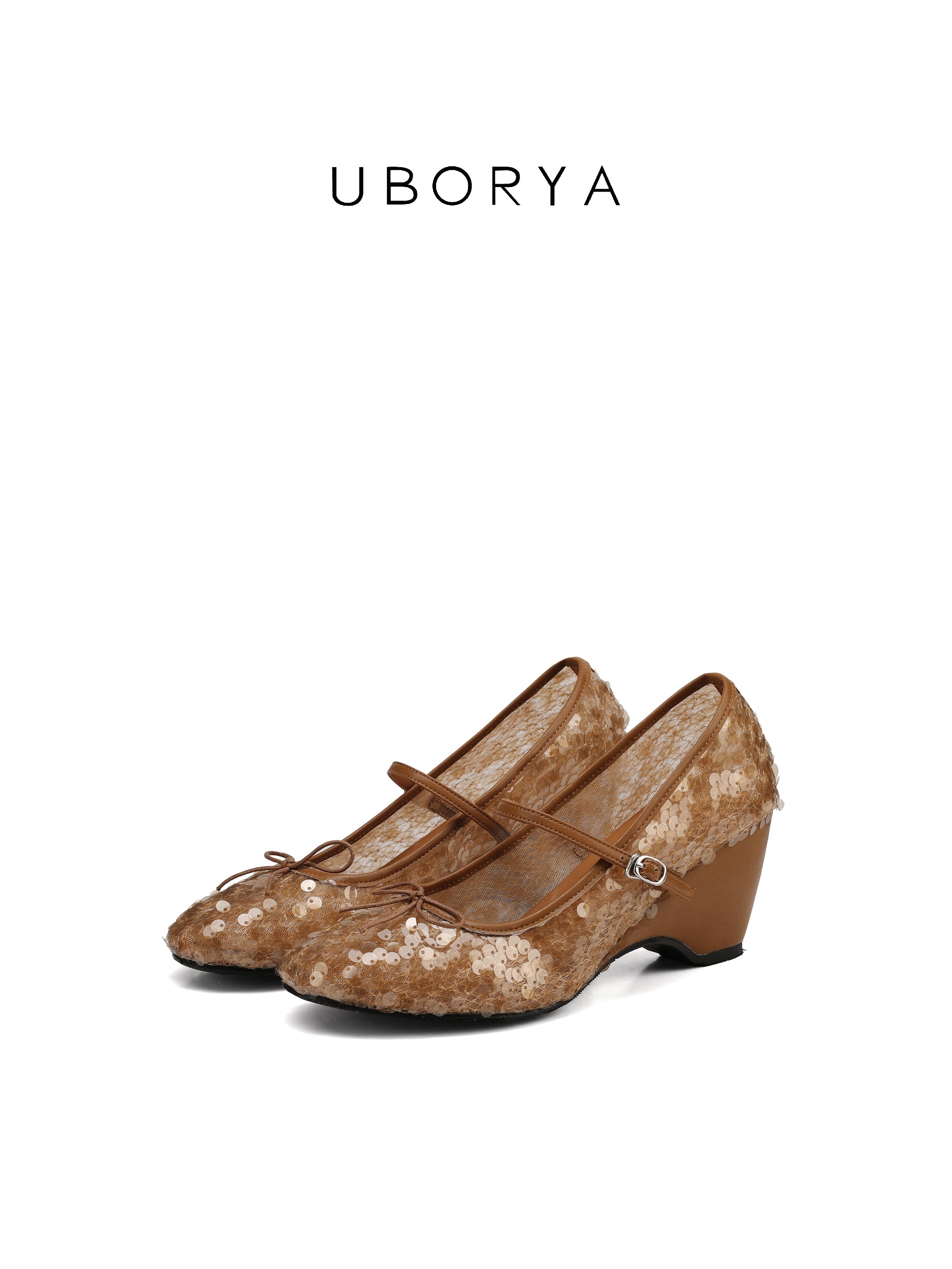 UBORYA Brown Sequin Lace Mary Jane Shoes