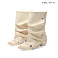UBORYA Off White Sculptural Slouch Boots 6cm Block Heel Metal Eyelets Faux Leather