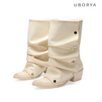 UBORYA Off White Sculptural Slouch Boots 6cm Block Heel Metal Eyelets Faux Leather