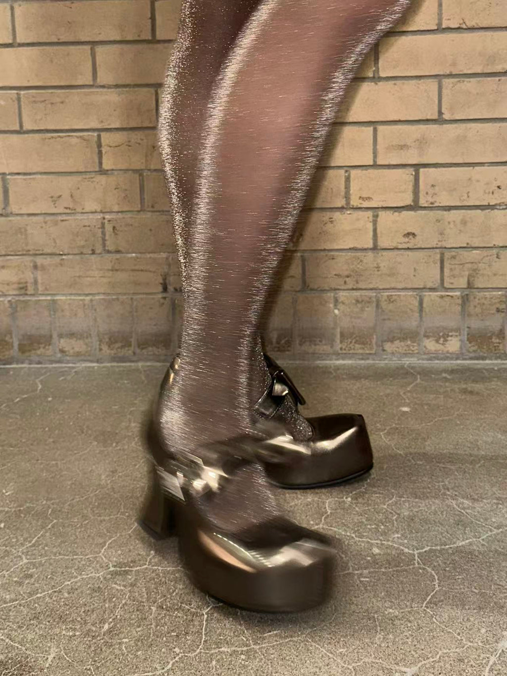 UBORYA Metallic Taupe Dark Academia Mary Jane Platform Heels, Oversized Bow & Buckle Square Toe