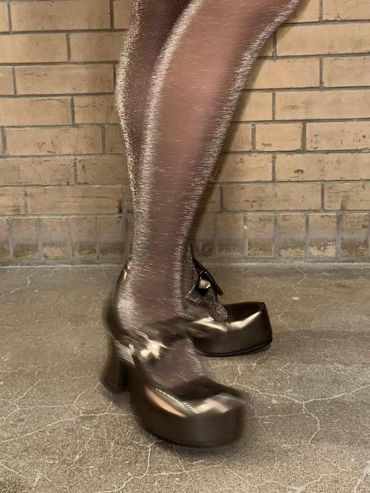 UBORYA Metallic Taupe Dark Academia Mary Jane Platform Heels, Oversized Bow & Buckle Square Toe
