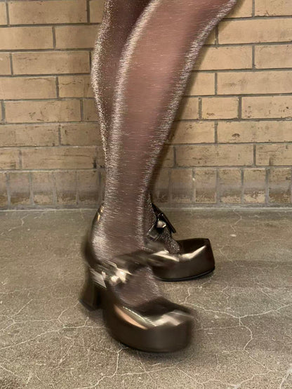 UBORYA Metallic Taupe Mary Jane Platform Heels – Dark Academia Chunky Heels for Women | 8cm / 3.15in Block Heel | Oversized Bow & Buckle Detail | Square Toe Pumps