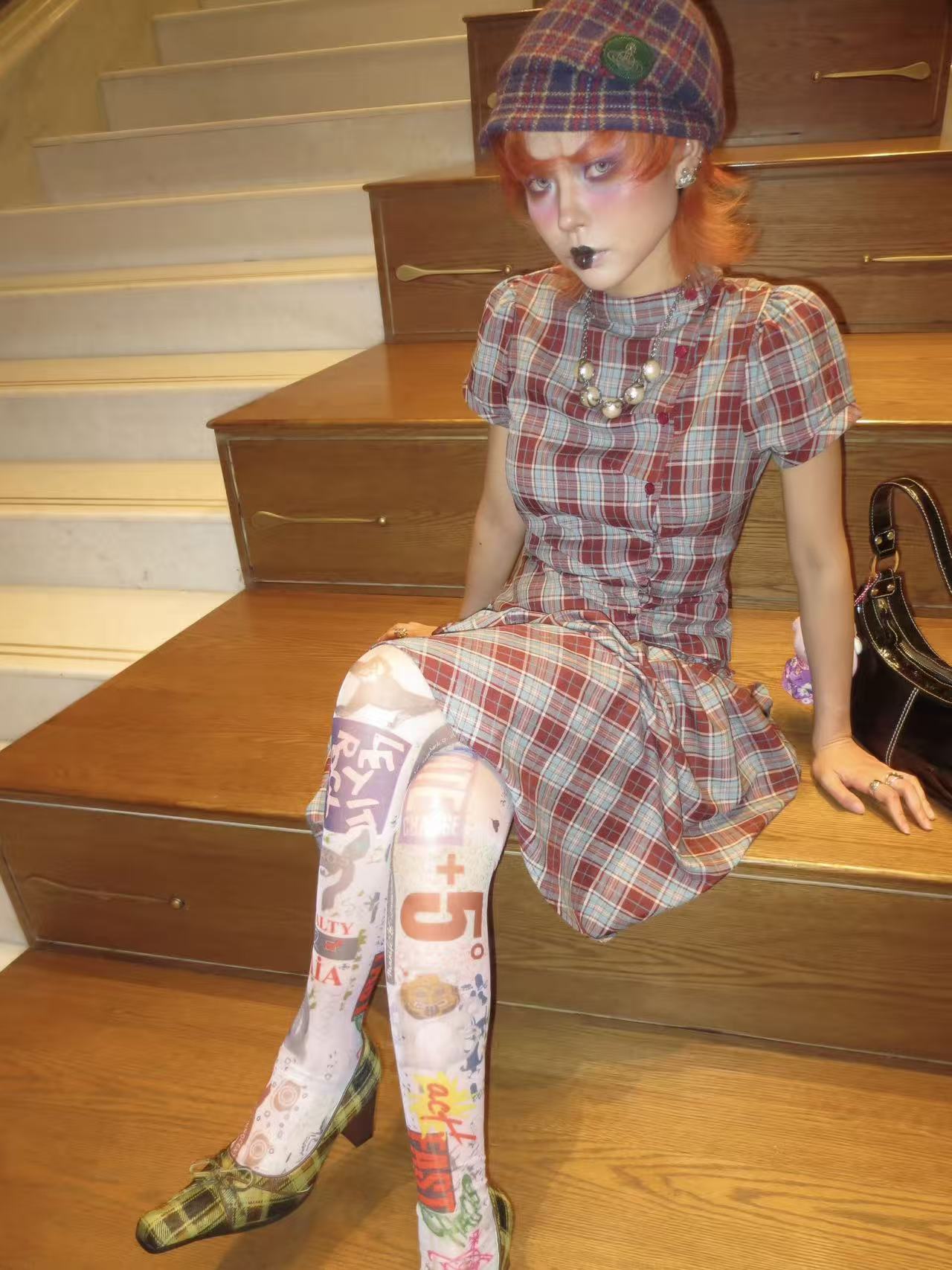 Vintage Green Plaid Block Heel Pumps, Square Toe Bow Strap Mid Heel Women's Dress Shoes