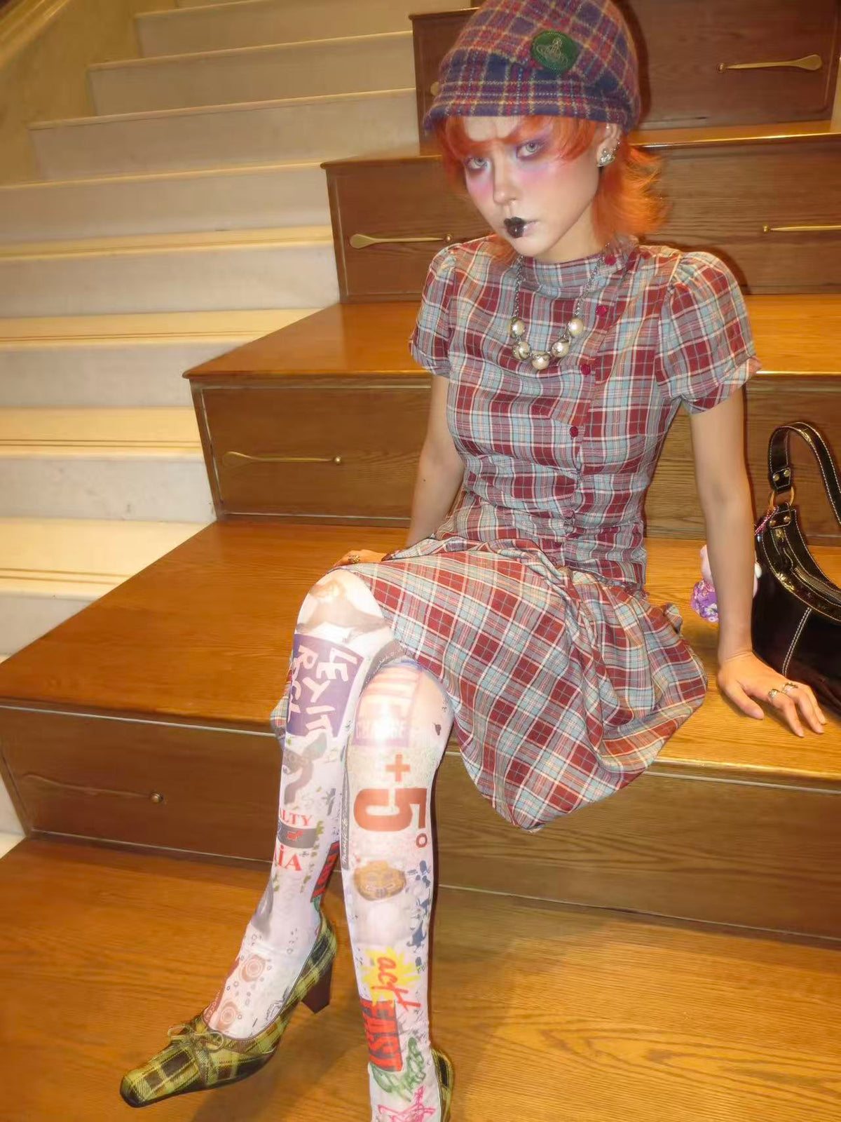 Vintage Green Plaid Square Toe Bow Strap Block Heel Pumps