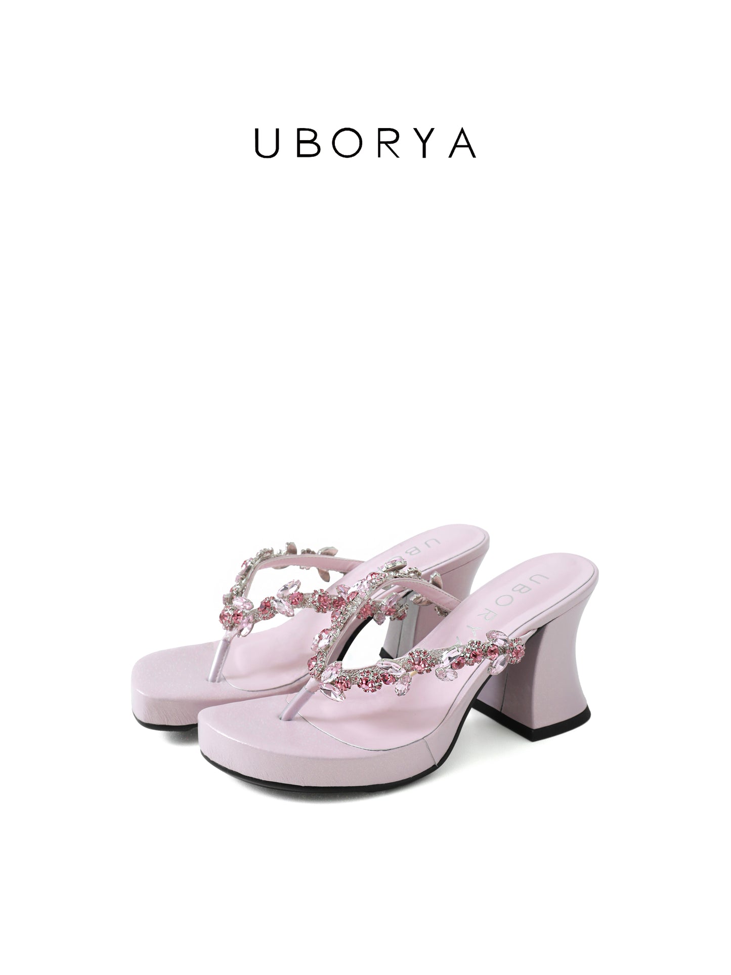 UBORYA Pink Rhinestone Thong Sandals – Glamorous Platform Heels for Women | 8cm / 3.15in Chunky Heel | Crystal Embellished Straps | Square Toe Slip-On Mules