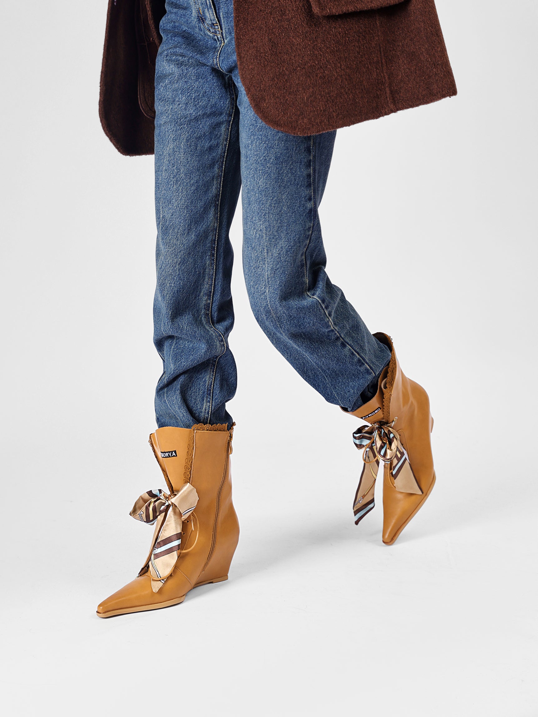 UBORYA Tan Leather Lace Up Wedge Boots Scarf Bow Pointed Toe Mid Calf Boots