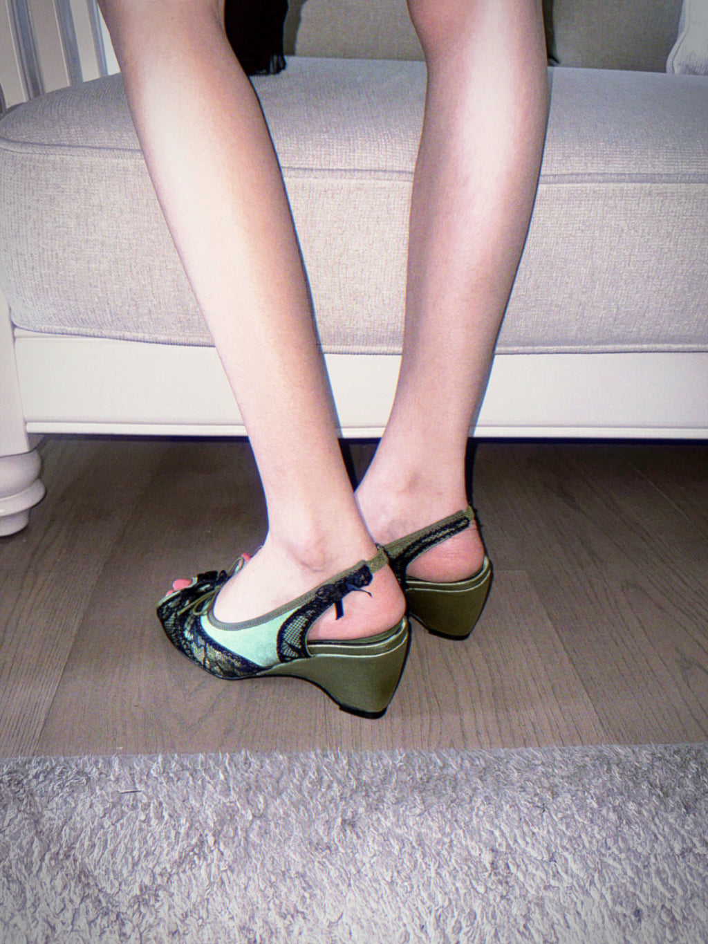 UBORYA Olive Green Lace Slingback Wedge Sandals with Bow Details