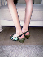 UBORYA Olive Green Lace Slingback Wedge Sandals with Bow Details