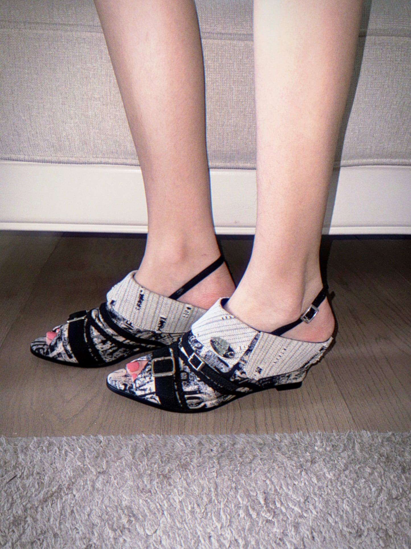 UBORYA Abstract Print Slingback Peep-Toe Shoes with Braided Straps & Silver Buckles – Low Wedge Heel Pumps for Women | Avant-Garde Cuff Sandals | Artistic Utility Footwear
