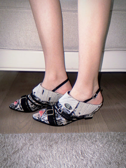 UBORYA Abstract Print Slingback Peep-Toe Shoes with Braided Straps & Silver Buckles – Low Wedge Heel Pumps for Women | Avant-Garde Cuff Sandals | Artistic Utility Footwear