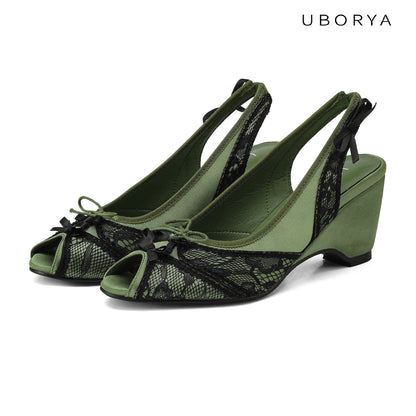 UBORYA Olive Green Slingback Peep-Toe Shoes with Black Lace Overlay – Low Wedge Heel Pumps for Women | Dark Academia Bows | Vintage Garden Heels