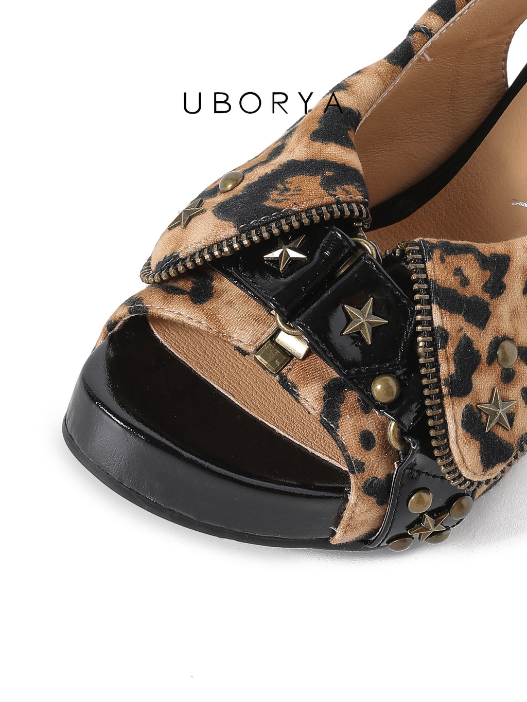 UBORYA Leopard Peep‑Toe Platform Slingback Heels with Star Studs