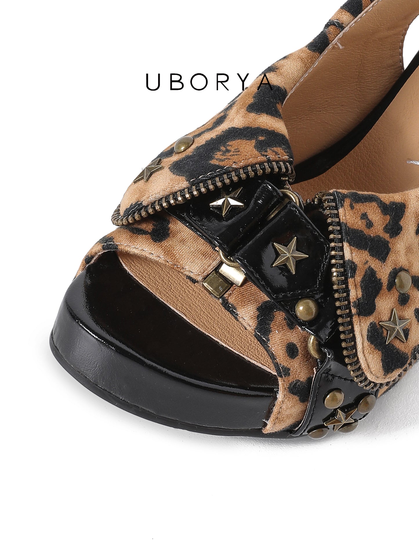 UBORYA Leopard Print Platform Slingback Heels - Peep Toe Star Stud Zipper Detail Sculptural Heel Sandals