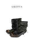 UBORYA Black Slouchy Bow Ankle Boots with Distressed Square Toe