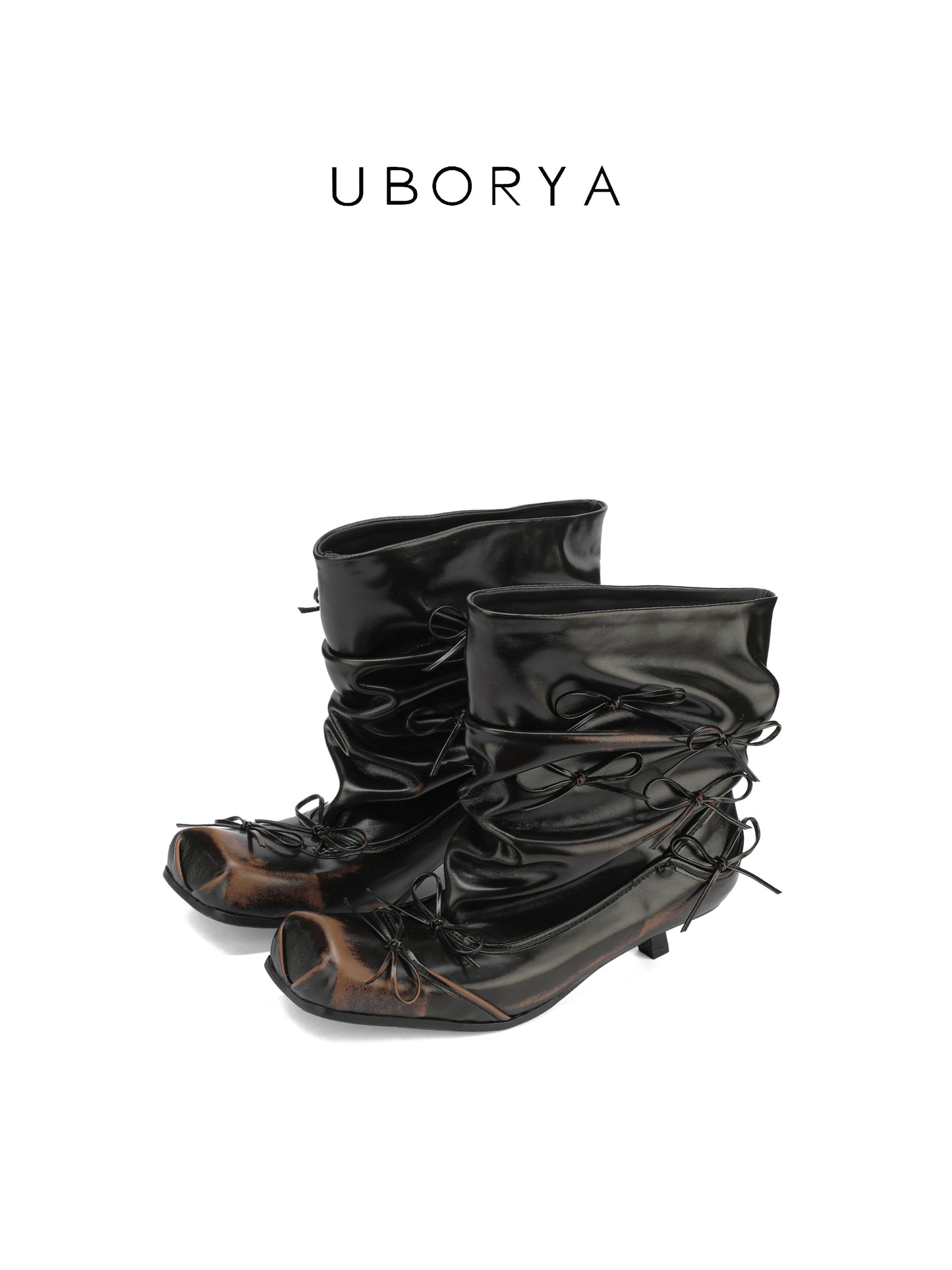 UBORYA Black Slouchy Ankle Boots with Bows – Distressed Square Toe Heeled Boots for Women | Ruched Shaft | Mini Bow Accents | Grunge Avant-Garde Booties