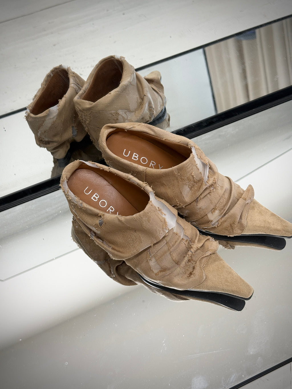 UBORYA Beige Pointed Toe Ankle Boots Ruched Texture Low Block Heel