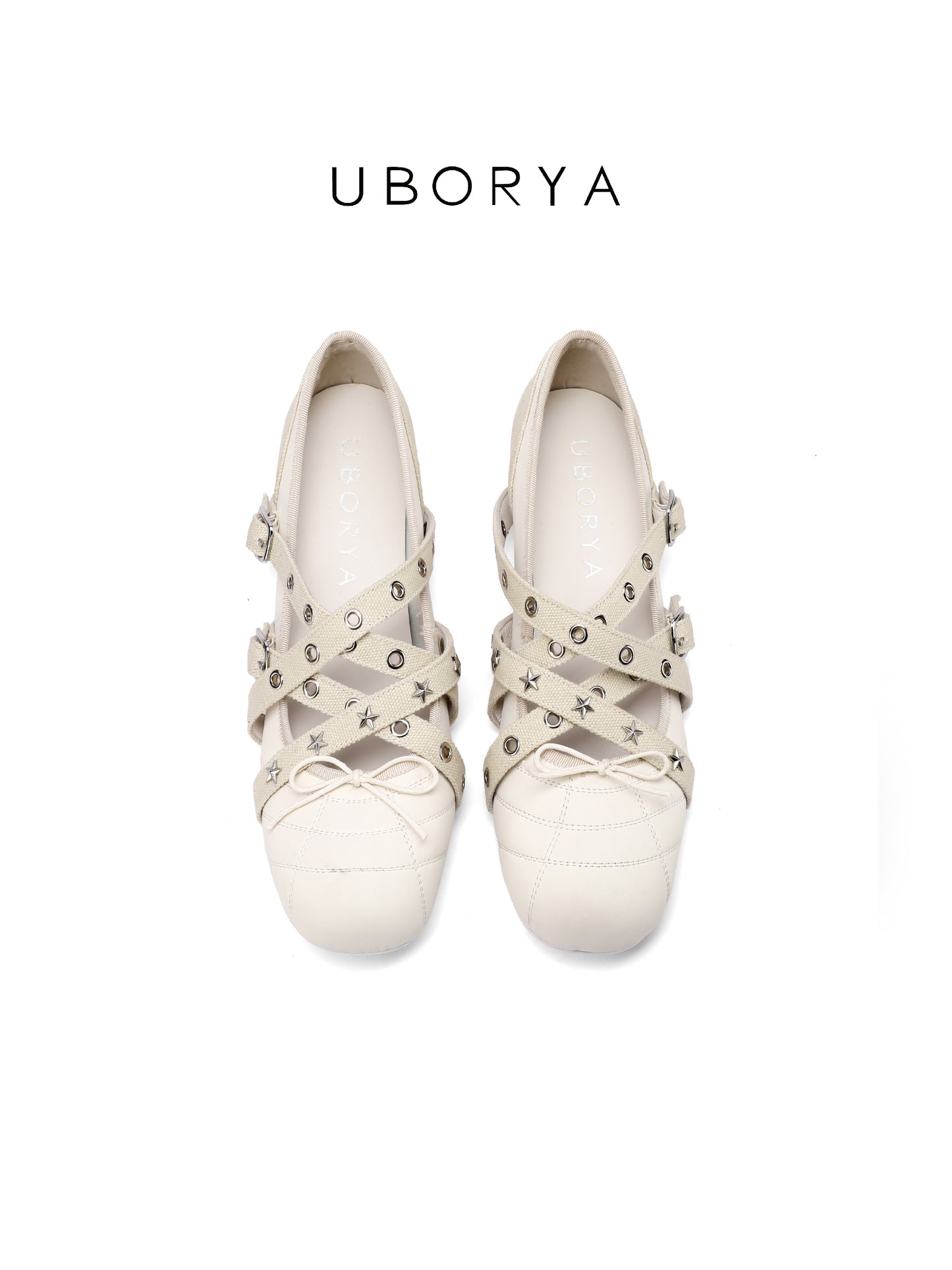 UBORYA Off-White Crisscross Strap Ballet Flats - Star Stud Eyelet Detail Round Toe Flat Shoes