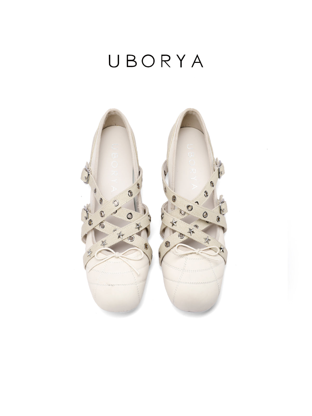 UBORYA Off‑White Crisscross Strap Round Toe Ballet Flats Star Stud Eyelet Detail