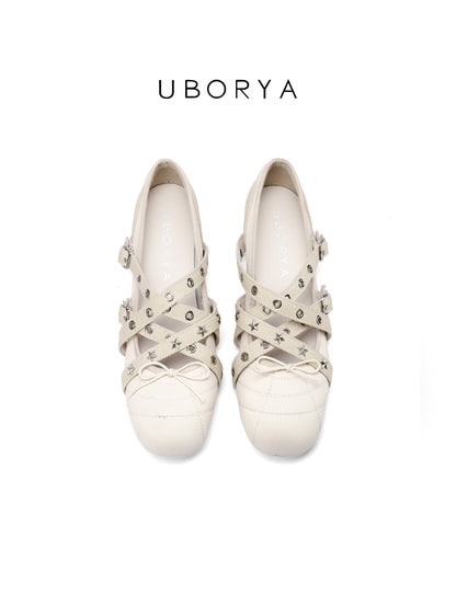 UBORYA Off-White Crisscross Strap Ballet Flats - Star Stud Eyelet Detail Round Toe Flat Shoes