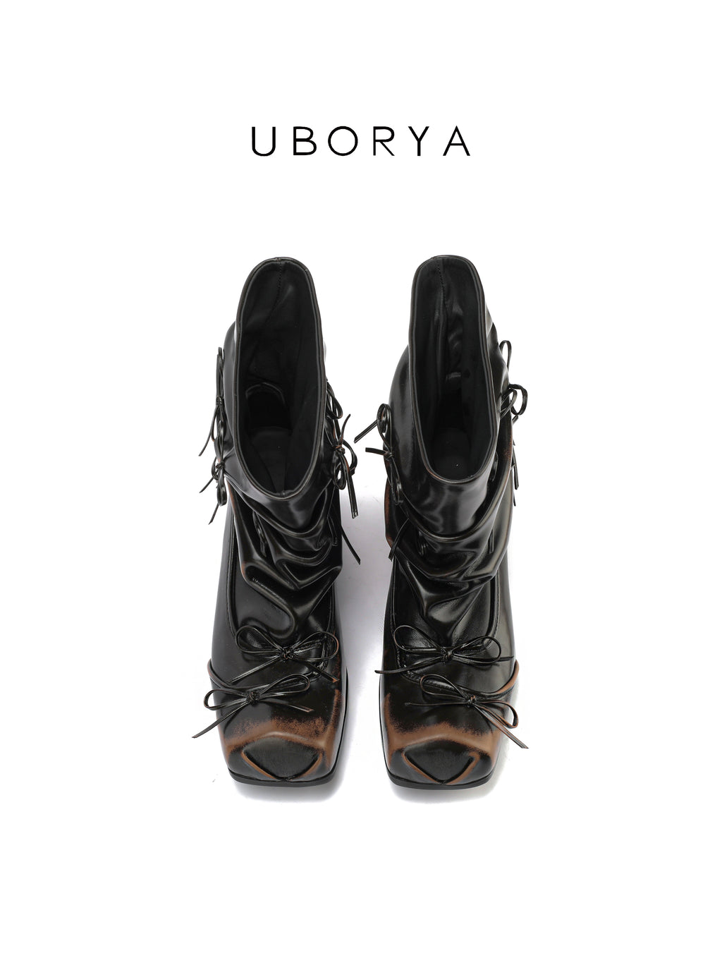 UBORYA Black Slouchy Bow Ankle Boots with Distressed Square Toe
