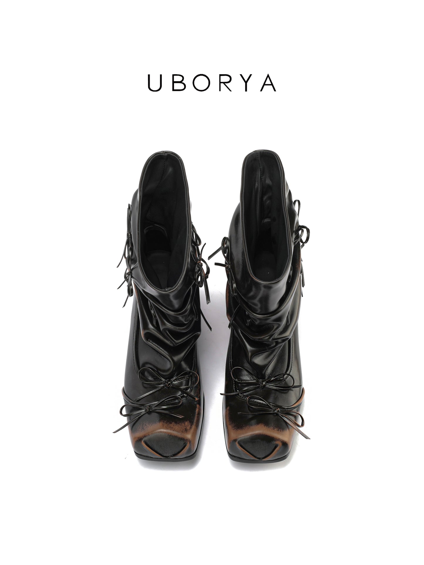 UBORYA Black Slouchy Ankle Boots with Bows – Distressed Square Toe Heeled Boots for Women | Ruched Shaft | Mini Bow Accents | Grunge Avant-Garde Booties