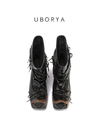 UBORYA Black Slouchy Ankle Boots with Bows – Distressed Square Toe Heeled Boots for Women | Ruched Shaft | Mini Bow Accents | Grunge Avant-Garde Booties