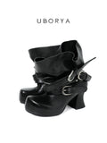 UBORYA Black Slouchy Platform Ankle Boots with Buckle Straps