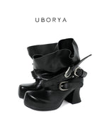UBORYA Black Slouchy Platform Ankle Boots with Buckle Straps