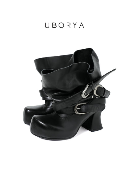 UBORYA Black Slouchy Ankle Boots with Buckle Straps – Sculptural Chunky Heel Platform Boots for Women | Square Toe | Ruched Shaft | Punk Avant-Garde Booties