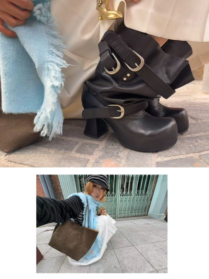 UBORYA Black Slouchy Ankle Boots with Buckle Straps – Sculptural Chunky Heel Platform Boots for Women | Square Toe | Ruched Shaft | Punk Avant-Garde Booties