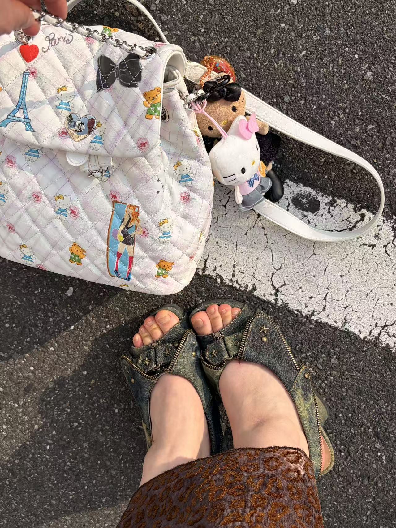 UBORYA Washed Denim Platform Slingback Heels - Peep Toe Star Stud Zipper Detail Sculptural Heel Sandals