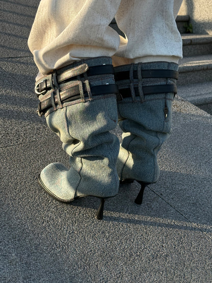 UBORYA Denim Slouchy Knee-High Boots with Black Buckle Straps – Sculptural Kitten Heel Boots for Women | Distressed Jean Booties | Avant-Garde Denim Punk Footwear
