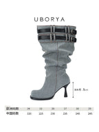 UBORYA Denim Slouchy Knee-High Boots with Black Buckle Straps