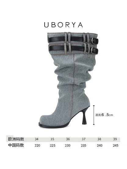 UBORYA Denim Slouchy Knee-High Boots with Black Buckle Straps – Sculptural Kitten Heel Boots for Women | Distressed Jean Booties | Avant-Garde Denim Punk Footwear