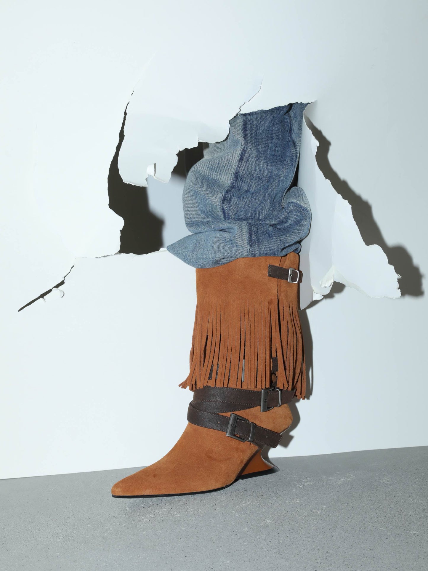 UBORYA Tan Suede Fringe Mid-Calf Boots with Buckle Straps – Sculptural Wedge Heel Boots for Women | Pointed Toe | Western Boho Booties