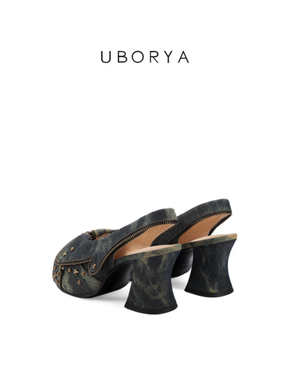 UBORYA Washed Denim Platform Slingback Heels - Peep Toe Star Stud Zipper Detail Sculptural Heel Sandals