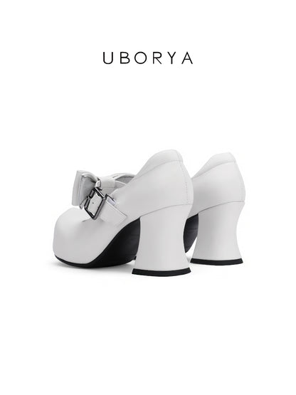 UBORYA White Bow Mary Jane Platform Heels – Sweet Kawaii Block Heel Shoes for Women | 8cm / 3.15in Chunky Heel | Oversized Bow & Buckle Detail | Round Toe Pumps