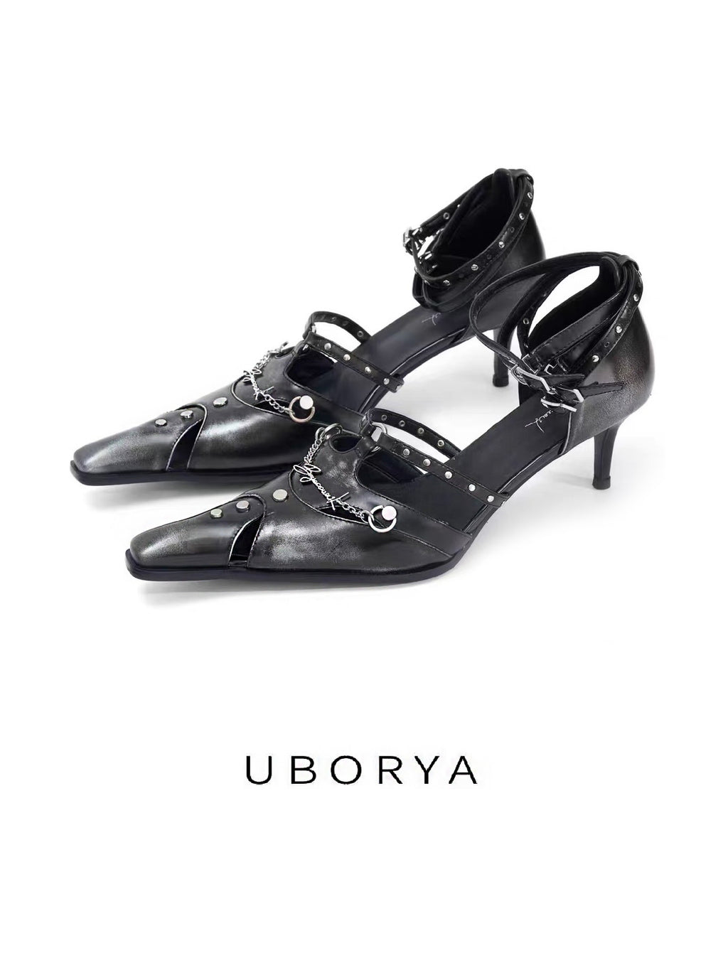 UBORYA Distressed Black Leather Studded Strap Heels Square Toe Stiletto Pumps