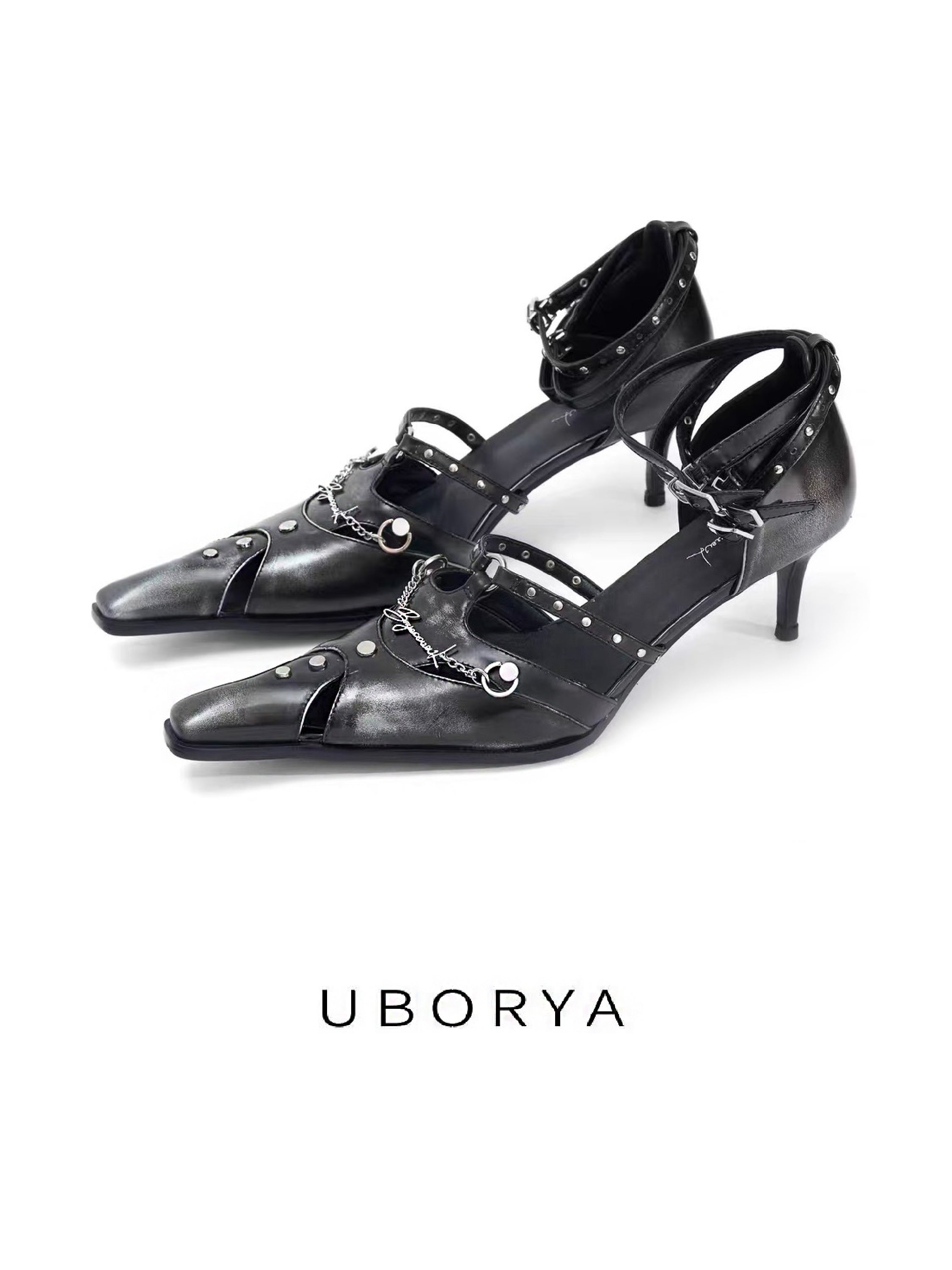 UBORYA Distressed Black Leather Studded Strap Heels Square Toe Stiletto Pumps