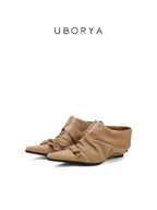 UBORYA Beige Pointed Toe Ankle Boots Ruched Texture Low Block Heel