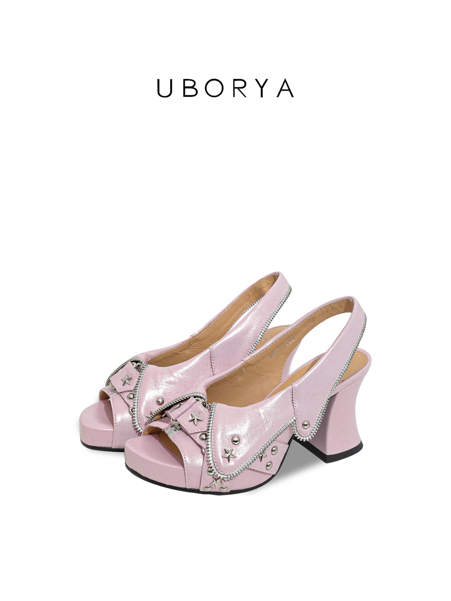 UBORYA Pink Metallic Platform Slingback Heels - Peep Toe Star Stud Zipper Detail Sculptural Heel Sandals