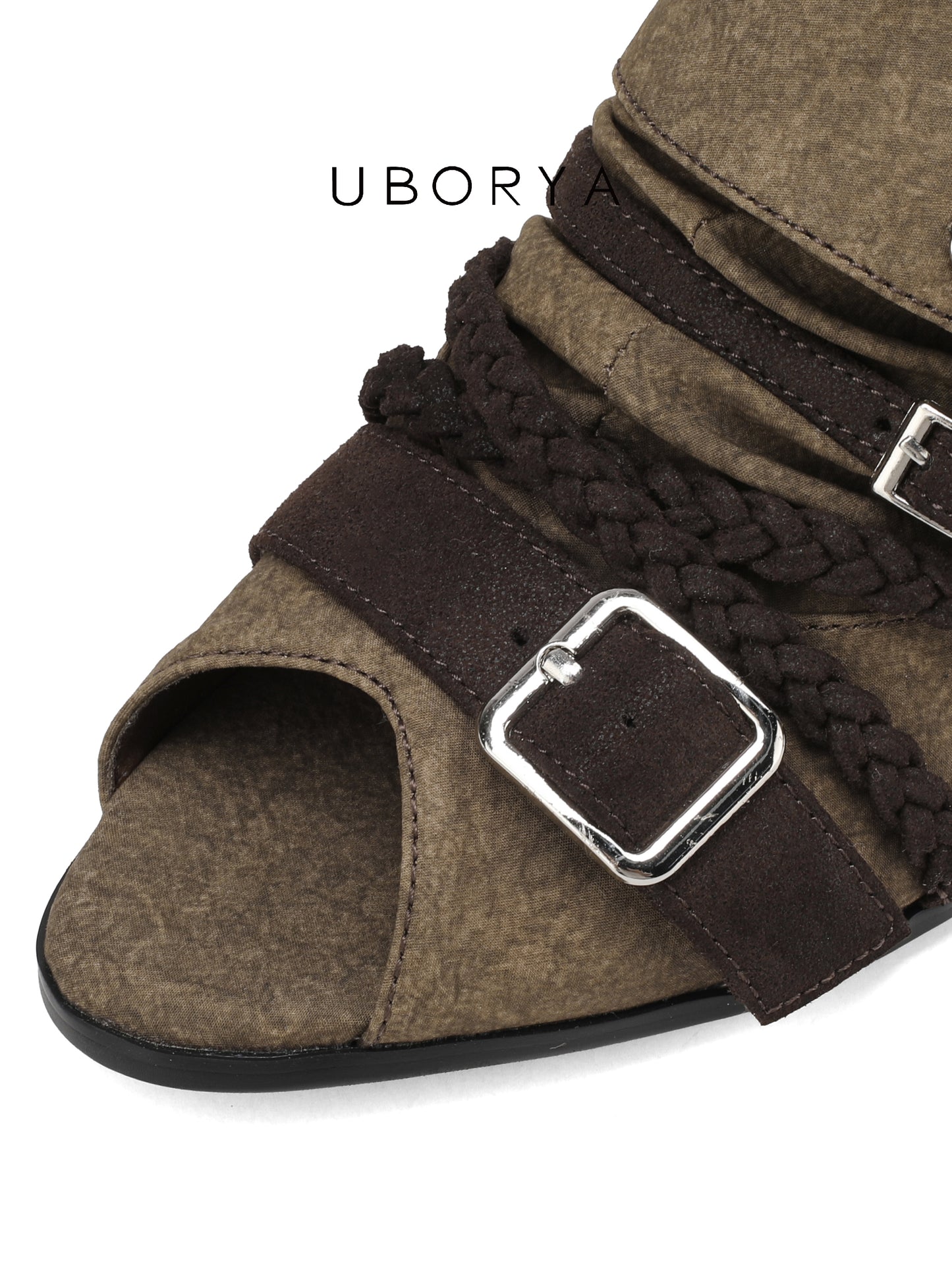 UBORYA Olive Khaki Slingback Peep-Toe Shoes with Braided Straps & Silver Buckles – Low Wedge Heel Pumps for Women | Boho Utility Cuff Sandals | Vintage Rustic Footwear