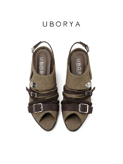 UBORYA Olive Khaki Slingback Peep-Toe Shoes with Braided Straps & Silver Buckles – Low Wedge Heel Pumps for Women | Boho Utility Cuff Sandals | Vintage Rustic Footwear